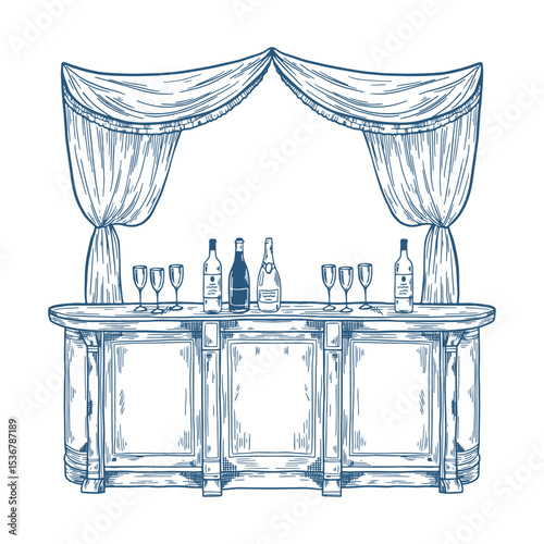 Toile de Jouy inspired wedding bar illustration. Wedding hand dawn ceremony icon. Elegant line art minimalist venue sketch. Elements for wedding, monogram, invitation, greeting, birthday card.