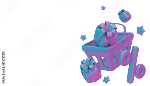 3D shopping basket with percent sign, gift boxes, and stars on white background.