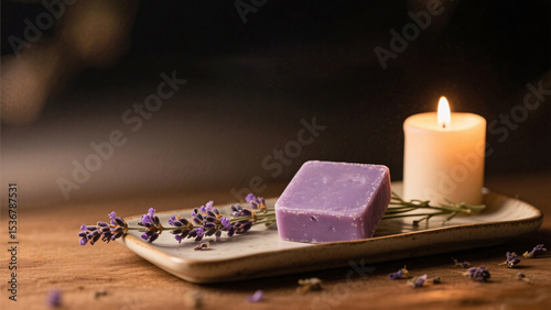 Tranquil evening setup featuring lavender dog soap bar, dried sprigs, and glowing candlelight for pet wellness and soothing nighttime self-care routine.