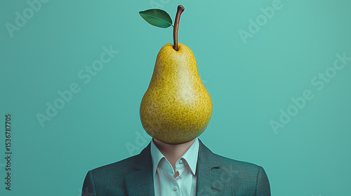 Creative portrayal of a man with a pear for a head in a blue background