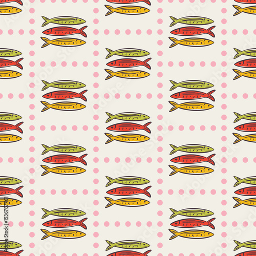 Whimsical hand drawn sea food seamless pattern in trendy whimsical style. Perfect  background for quirky italian wedding holiday, poster cards, dinner and bar menu, fabric, wrapping paper