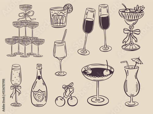 Whimsical hand drawn bar menu illustrations in trendy whimsical style. Perfect doodle for quirky italian wedding holiday, poster, dinner and bar menu, bachelorette party, birthday invitation, sign.