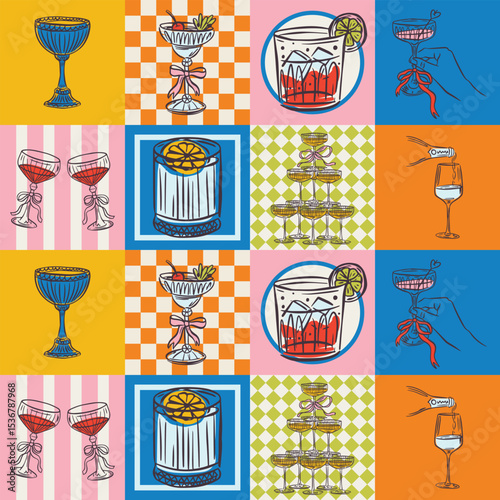 Whimsical hand drawn drinks, cocktails seamless pattern in trendy whimsical style. Perfect  background for quirky italian wedding holiday, poster cards, dinner and bar menu, fabric, wrapping paper.