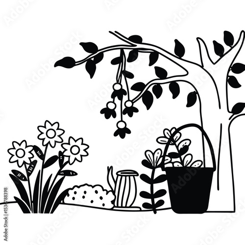 Charming Black and White Illustration of a Garden Scene with Flowers, Plants, and a Watering Can