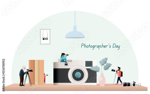 Photographers celebrating photographer's day with huge camera
