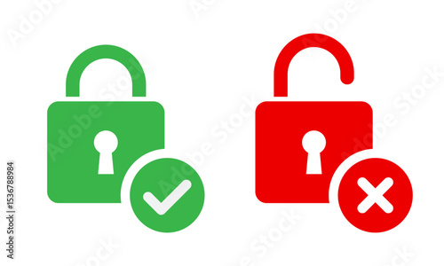 Lock, unlock icon with tick and cross. Yes, no mark closed and open padlock symbol. Security privacy vector illustration