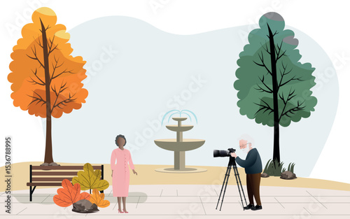 Photographer taking pictures in a park during autumn