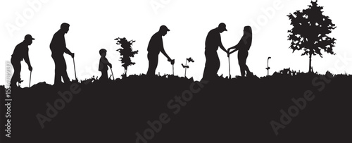 Vector silhouette of a girl with flowers and a family group enjoying a summer sunset