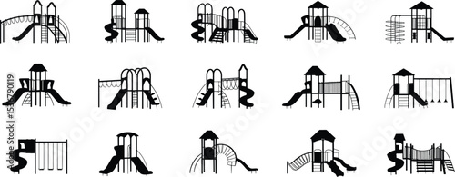 Set of playground equipment silhouettes with slides, ladders, towers, swings for kids, black isolated icons on white background