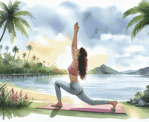 Warrior's Flow Yoga Virabhadrasana isolated watercolor vector illustration svg