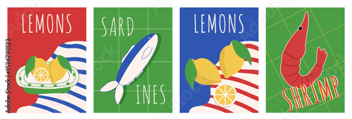 Summer. Italy. Collection Amalfi summer poster cover template design. Vector illustration of sardines lemons shrimp on the plate. Set Mediterranean art. EPS 10
