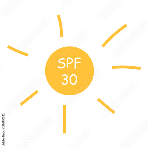 Simple SPF 30 emblem isolated transparent background. Vector illustration of minimal doodle sun with SPF tag. Perfect for sunscreen tube container design. EPS 10