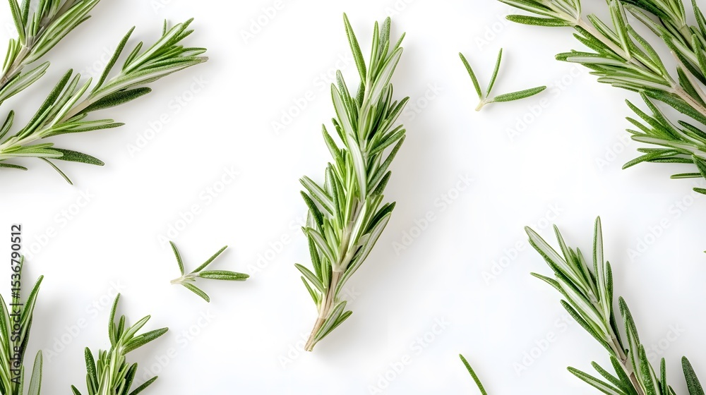 Fototapeta premium Fresh Rosemary Sprigs Flatlay White Background Culinary Herbs
