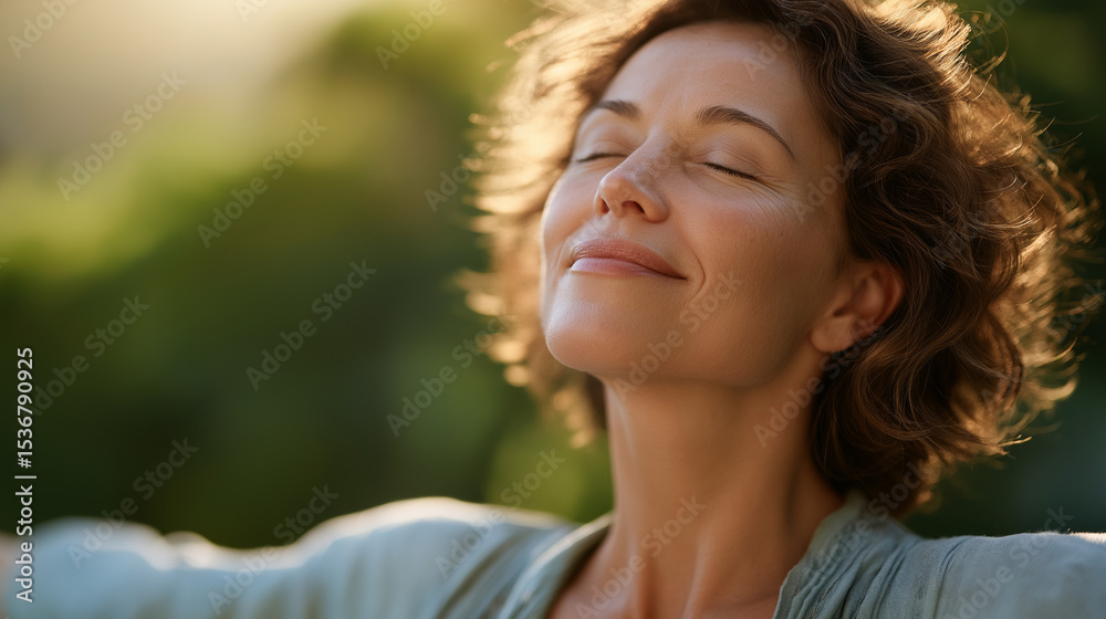 Serene Woman Breathing Deeply Surrounded by Lush Greenery Serene Woman Breathing Deeply Surrounded by Lush Greenery