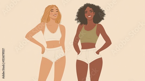 Two women stand confidently against a neutral beige background.