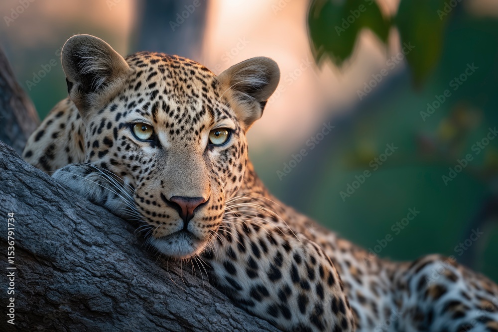 Fototapeta premium Leopard Resting on Tree Branch at Sunset