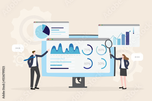 Data analytics research and business finance investment analysis report concept. Business team presenting marketing infographic dashboard graph monitor flat vector illustration.