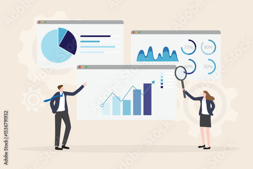 Data analytics research and business finance investment analysis report concept. Business team presenting marketing infographic dashboard graph monitor flat vector illustration.