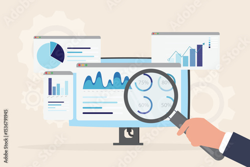 Data analytics research and business finance investment analysis report concept. Hand holding magnifying glass to marketing infographic dashboard graph monitor flat vector illustration.