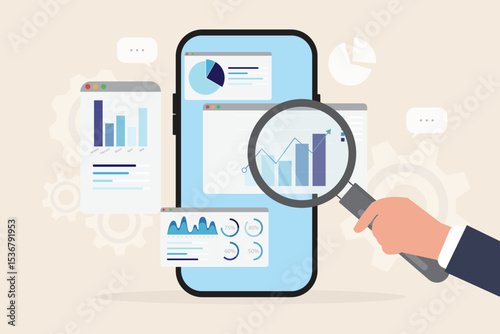 Data analytics research and business finance investment analysis report from smart phone concept. Hand holding magnifying glass marketing infographic dashboard graph monitor flat vector illustration.