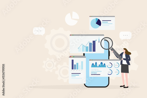 Data analytics research and business finance investment analysis from smart phone concept. Businesswoman holding magnifying glass with marketing infographic dashboard graph flat vector illustration.