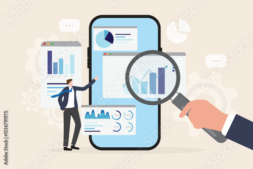 Data analytics research and business finance investment analysis from smart phone concept. Businessman holding magnifying glass with marketing infographic dashboard graph flat vector illustration.