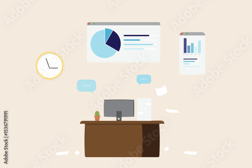 Data analytics research and business finance investment analysis report job concept. Work space office or Desk with marketing infographic dashboard graph monitor flat vector illustration.