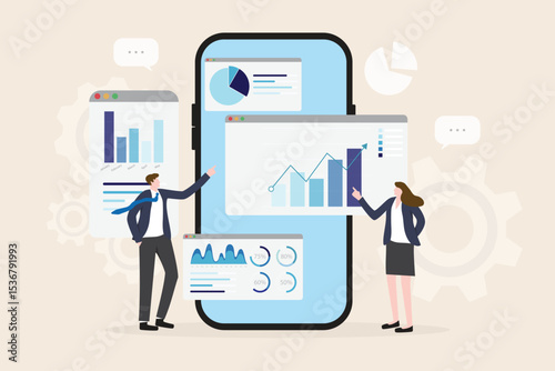 Data analytics research and business finance investment analysis report from smart phone concept. Business team presenting marketing infographic dashboard graph monitor flat vector illustration.