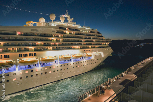 Mega family cruiseship cruise ship liner Fortuna docked at terminal in Marseille Provence, France during breathtaking sunset sunrise twilight blue hour dusk dawn silhouette scenic panorama