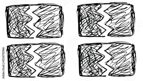 Four sketched rectangular shapes with jagged edges and filled with scribbled lines in black and white