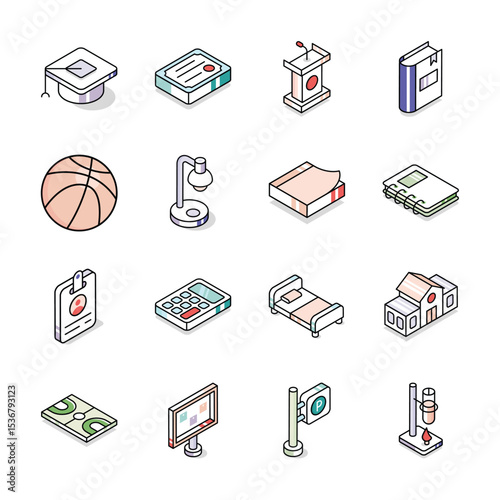 Well designed collection showing study and university supplies isometric icons