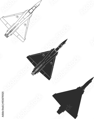 Set of French combat aircraft Mirage, top view icon in three versions, line, isolation, silhouette in black.