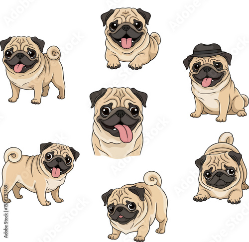 Set of icons of the pug breed dog, pugs in different poses and variations, set of seven icons.
