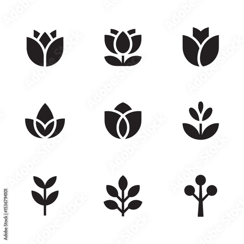 Flower icons. Flower silhouettes. Symbol of floral design. Pattern of daisy, rose and chamomile. Set of cartoon simple graphic shape isolated on white background