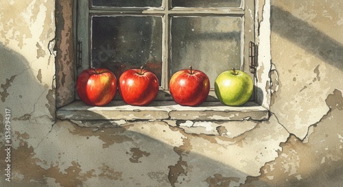 Four apples on an old window sill, three red and one green, with sunlight and shadow. Traditional apple harvest for Apple Spas.