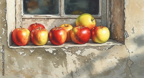 Eight fresh red and yellow apples on an old stone window sill. Harvest season for a traditional religious holiday.