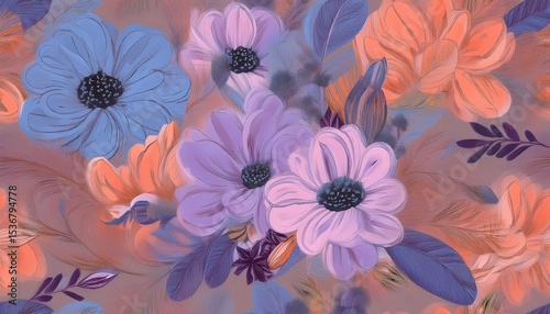 floral abstract vintage seamless pattern bouquet pattern featuring repeating flowers in lilac blue and pale coral gouache painting brush strokes design fabric cover banner invitation