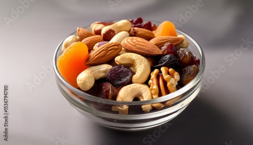 a clear bowl filled with a mix of nuts and dried fruits showcasing a healthy snack option