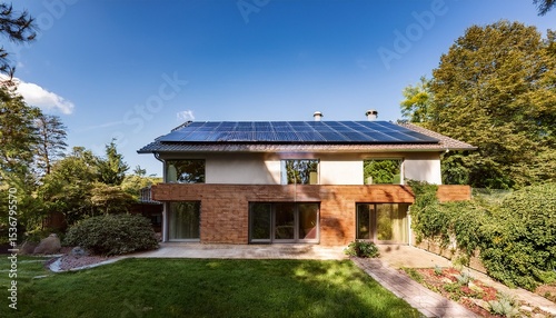elegant house with solar panels and tree shaded facade