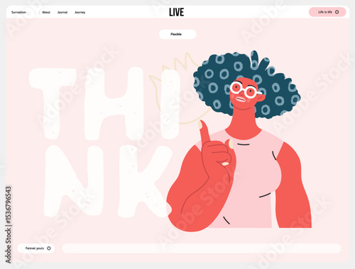 Thinking people, modern flat vector concept illustration- woman standing thoughtfully, looking upwards, bubble near head Metaphor for reflection, analysis, introspection, contemplation, deep thought