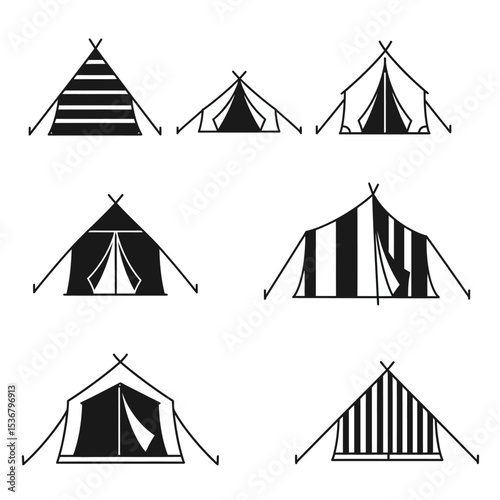 Event tent thin line icon set. Containing tent of festival, circus, party, sales, and carnival. Awning, marquee, and pavilion vector illustration