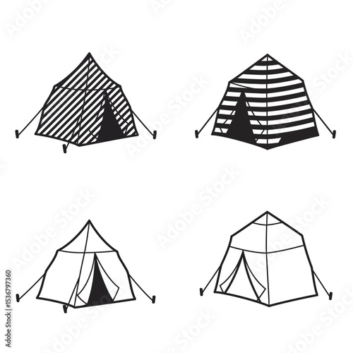 Event tent thin line icon set. Containing tent of festival, circus, party, sales, and carnival. Awning, marquee, and pavilion vector illustration