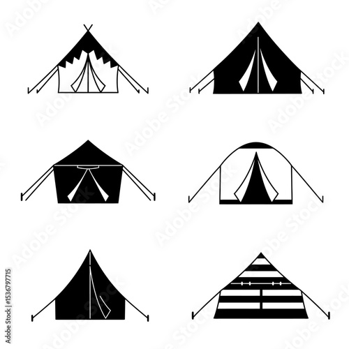 Event tent thin line icon set. Containing tent of festival, circus, party, sales, and carnival. Awning, marquee, and pavilion vector illustration