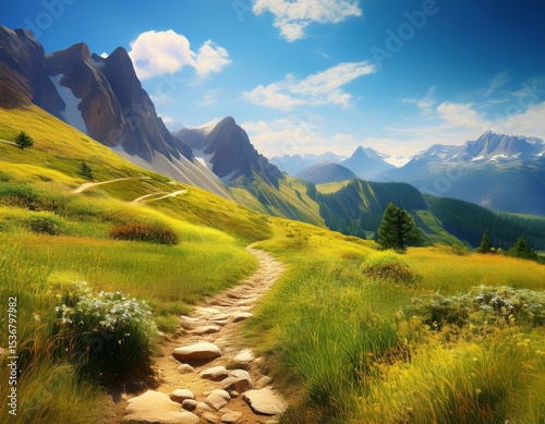 bergpanorama im sommer kleiner wanderweg an einem sonnigem tag konzept urlaub wandern natur generative ai photo