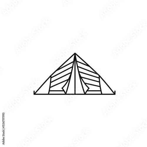 Camping tent hand drawn in doodle style. Tourist folding house for overnight stay in the forest mountains. Tent camp. Protection from rain and cold. Vector line art illustration.