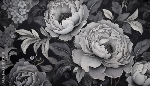 ornate charcoal grey floral pattern featuring peonies and hydrangeas charcoal flowers hydrangea wallpaper