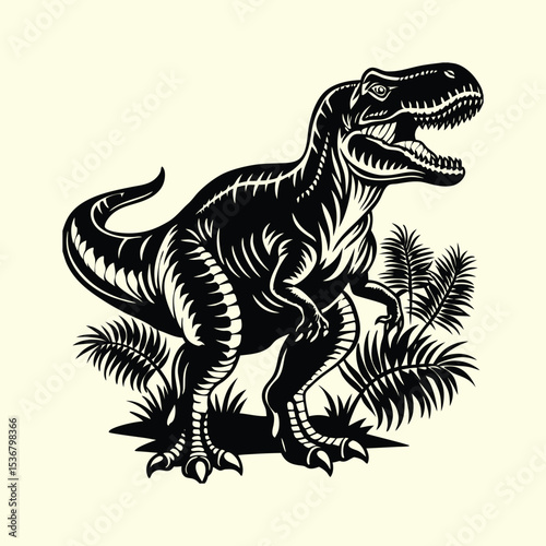 T-Rex Dinosaur Silhouette Vector in Prehistoric Landscape