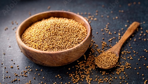 close up of mustard seeds in a wooden bowl with a spoon on a textured dark surface