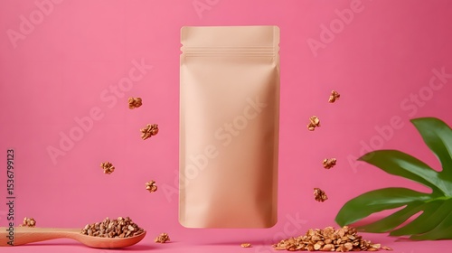 Brown Kraft Paper Pouch with Granola and Tropical Leaves on Pink Background