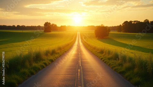 Empty country road at golden hour with green fields all around, no people